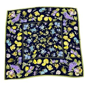 Vintage Silk Scarf – Fruit & Floral Print, Navy with Yellow & Purple Accents